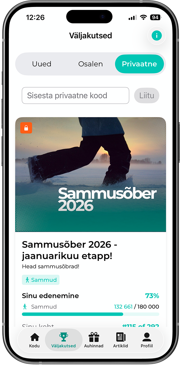FitSphere äpp: privaatse väljakutse koodiga liitumise ekraan