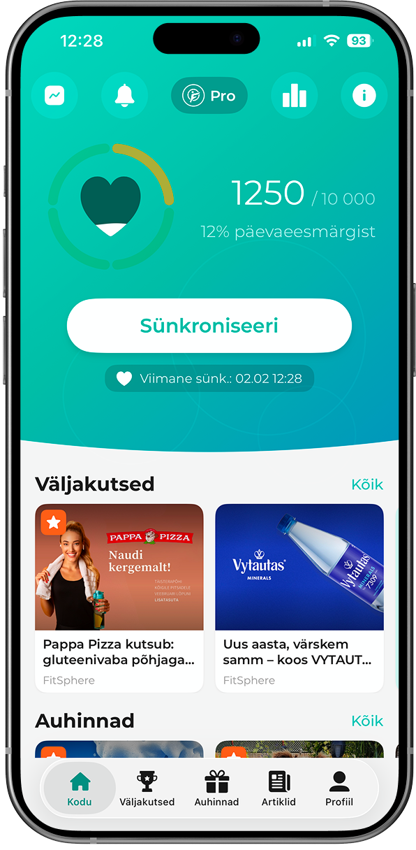 FitSphere äpi avakuva Sünkroniseeri nupuga sammude, minutite ja kalorite arvestuse uuendamiseks
