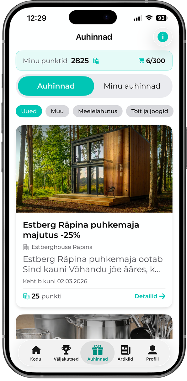 FitSphere äpi auhindade leht, kus saab teenitud punkte pakkumiste vastu vahetada