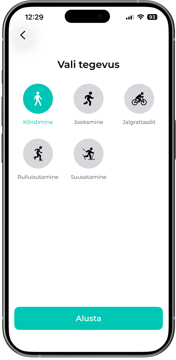 FitSphere äpp: aktiivsuse monitoorimise ekraan tegevuse tüübi valiku ja tulemuste jälgimisega