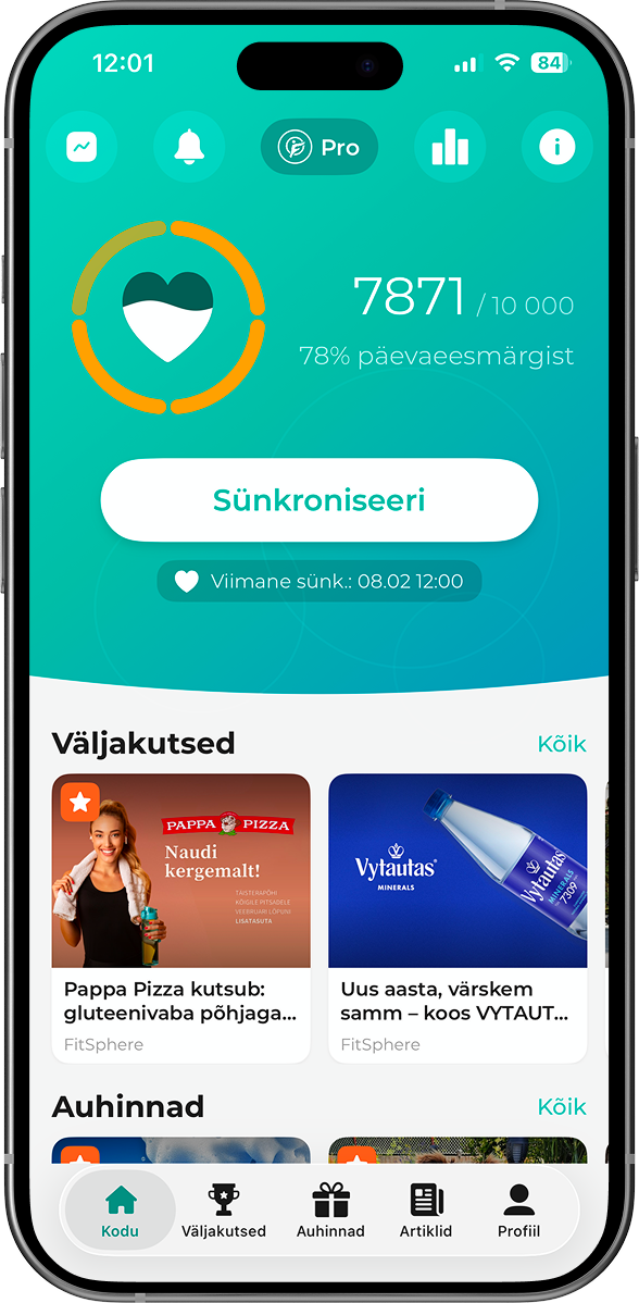 FitSphere äpi avakuva nutitelefonis: sammude arv 7871 kümnest tuhandest, väljakutsed ja auhinnad