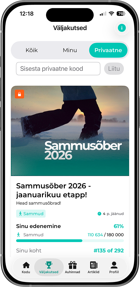 FitSphere äpp nutitelefonis: Sammusõber 2026 väljakutse ekraan privaatse liitumiskoodiga ja sammude edenemisriba