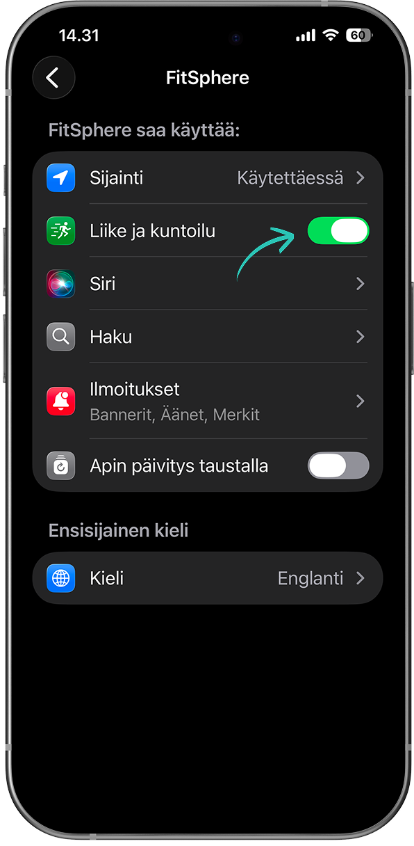 FitSphere äpp kuvab aktiivsusminuteid ja treeningute ajalugu nutitelefonis
