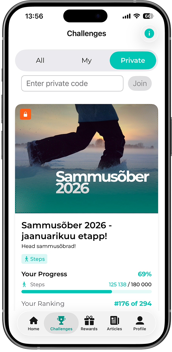 FitSphere äpp: privaatse väljakutse koodiga liitumise ekraan