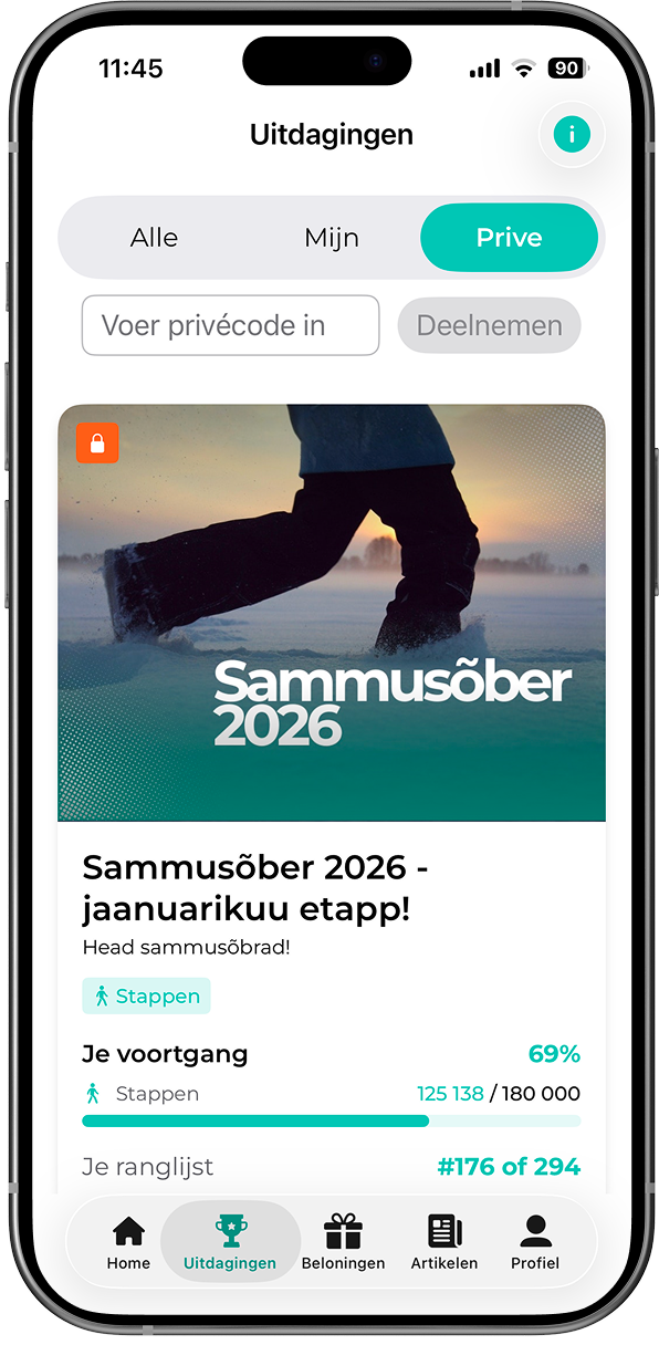 FitSphere äpp: privaatse väljakutse koodiga liitumise ekraan