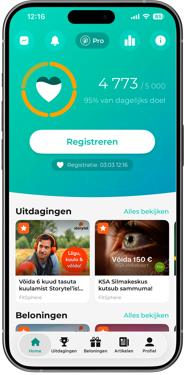 FitSphere äpi avakuva Sünkroniseeri nupuga sammude, minutite ja kalorite arvestuse uuendamiseks