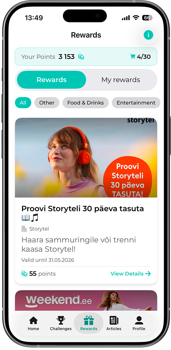 FitSphere äpi auhindade leht, kus saab teenitud punkte pakkumiste vastu vahetada
