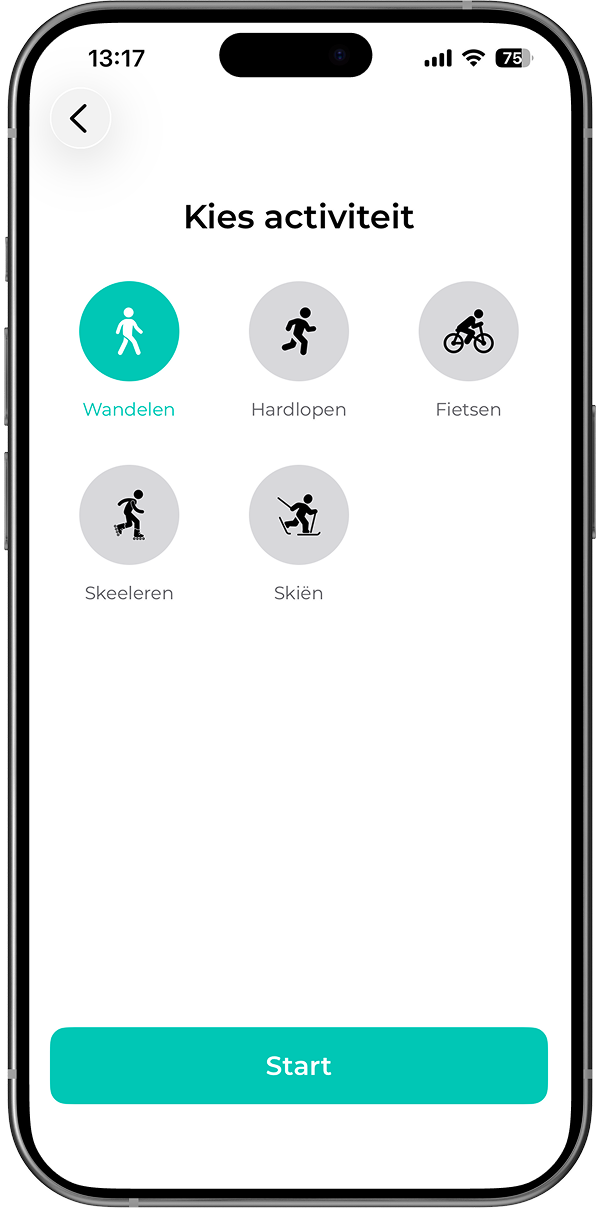 FitSphere äpp: aktiivsuse monitoorimise ekraan tegevuse tüübi valiku ja tulemuste jälgimisega