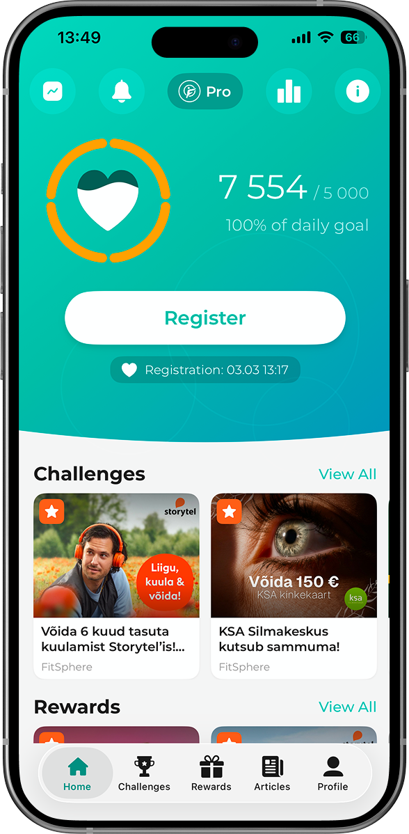 FitSphere äpi avakuva nutitelefonis: sammude arv 7871 kümnest tuhandest, väljakutsed ja auhinnad