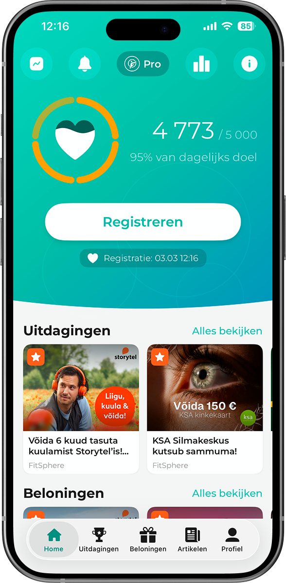 FitSphere äpi avakuva nutitelefonis: sammude arv 7871 kümnest tuhandest, väljakutsed ja auhinnad