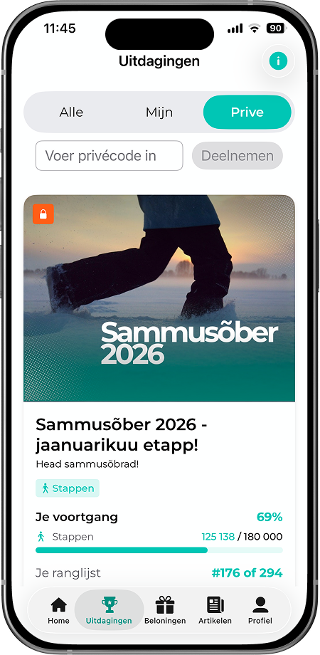 FitSphere äpp nutitelefonis: Sammusõber 2026 väljakutse ekraan privaatse liitumiskoodiga ja sammude edenemisriba