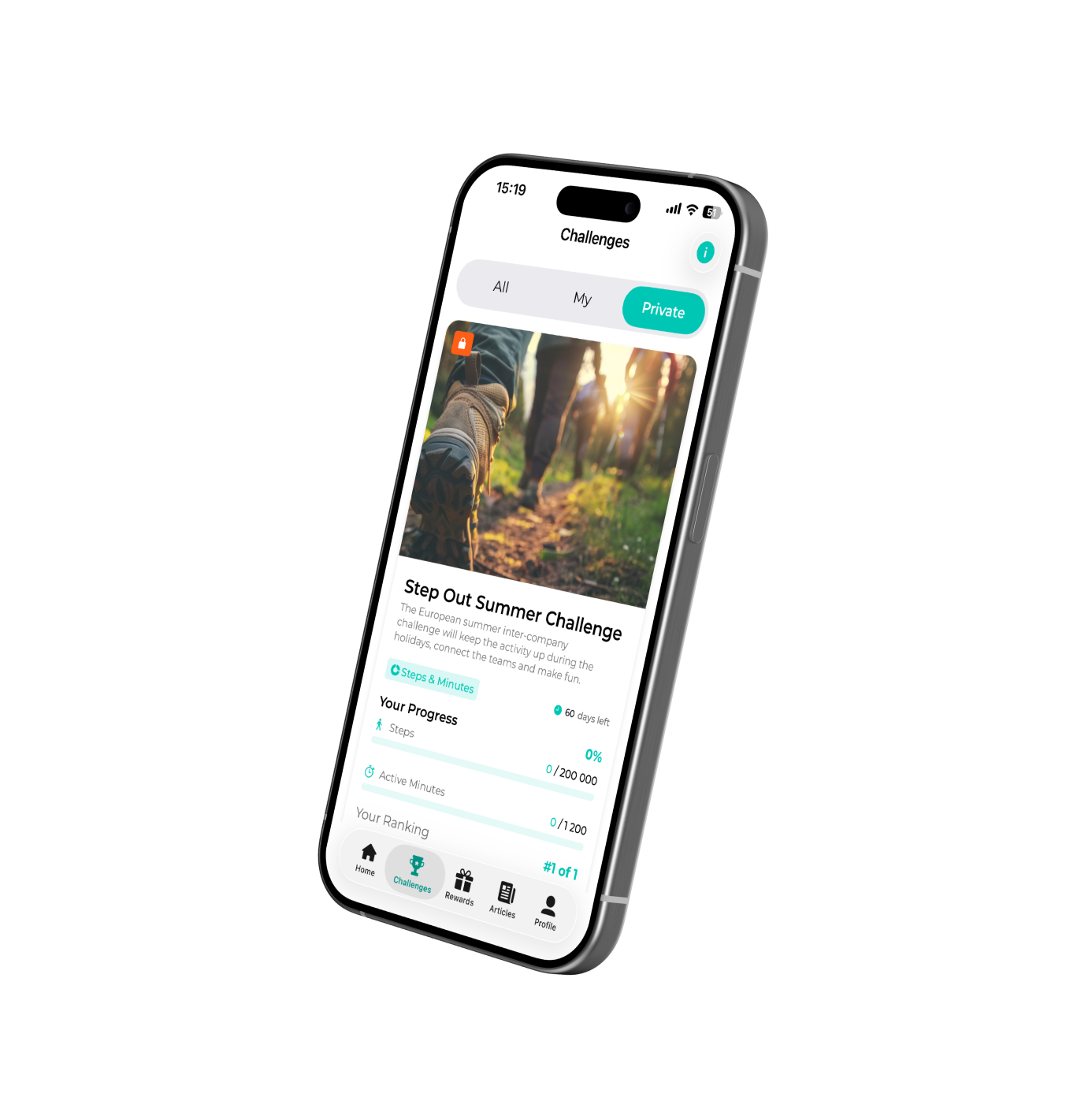 FitSphere app screen showing the Step Out Summer Challenge with a private join code field, user progress at 69% and a ranking of 176 out of 294 participants