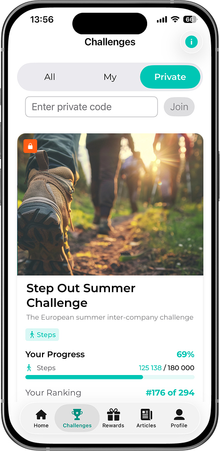 Tilted iPhone display of the FitSphere Step Out Summer Challenge details, showing steps and active minutes goals with 60 days remaining