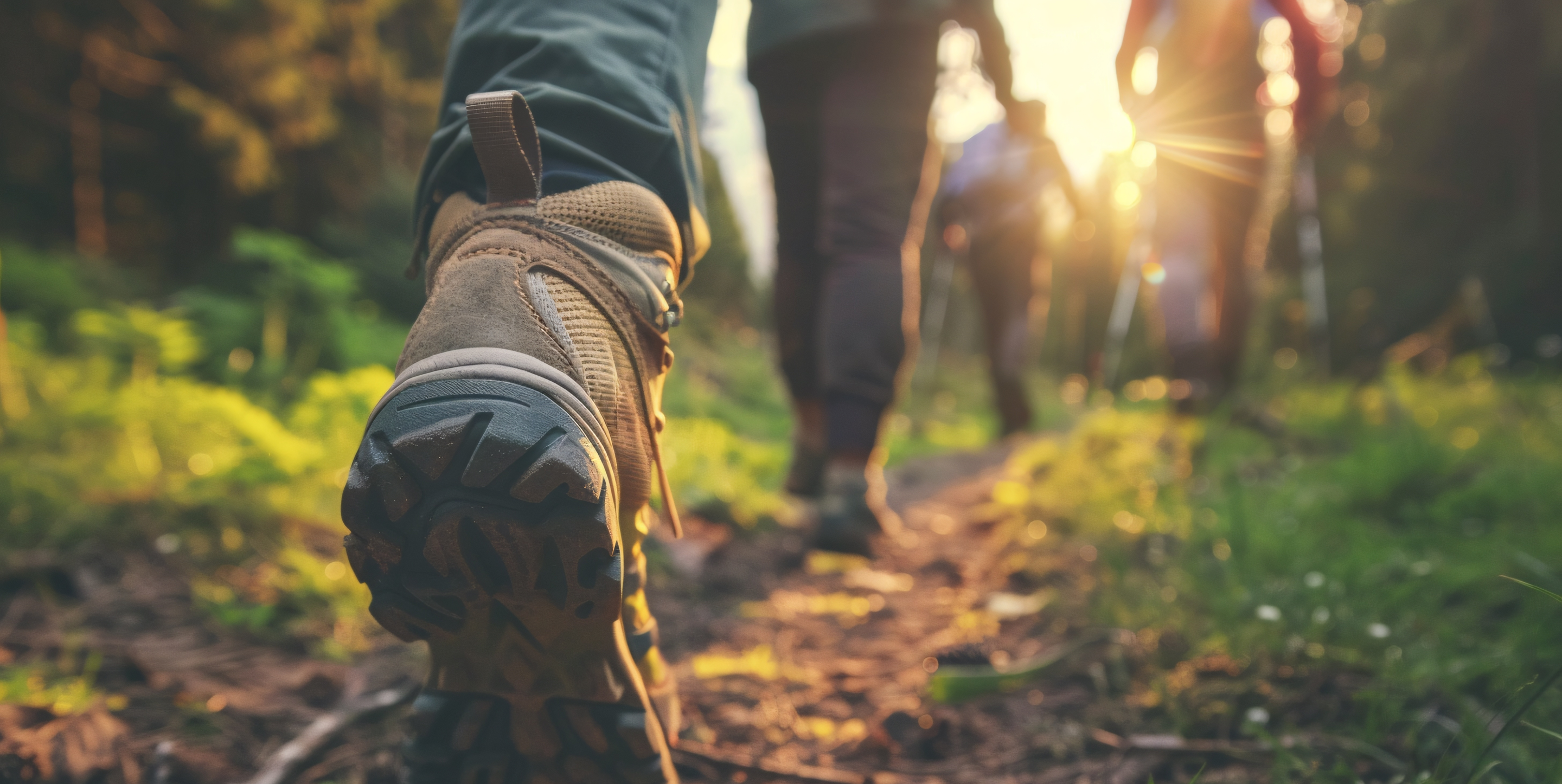 Close-up of a hiker's boot on a forest trail at sunset, with a group of people walking ahead through golden sunlight